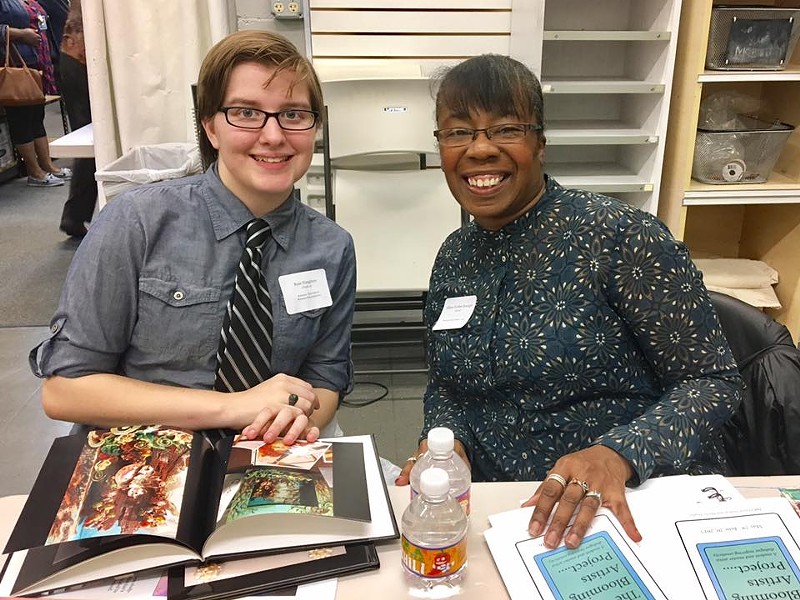 Mixed media jewelry artist Allison Norfleet Bruenger meets with her student, Rose Houghton, at interview night. Houghton is a twelfth grader from Ritenour High School. - COURTESY OF THE BLOOMING ARTISTS PROJECT