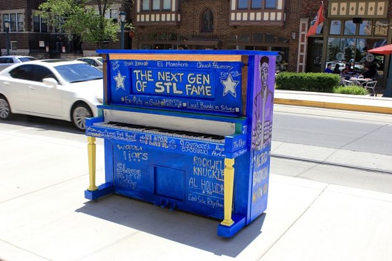 El Monstero, Rockwell Knuckles, Sleepy Kitty and more are listed on the "Next Gen of STL Fame" piano in the Delmar Loop. - PHOTO BY QUINN WILSON
