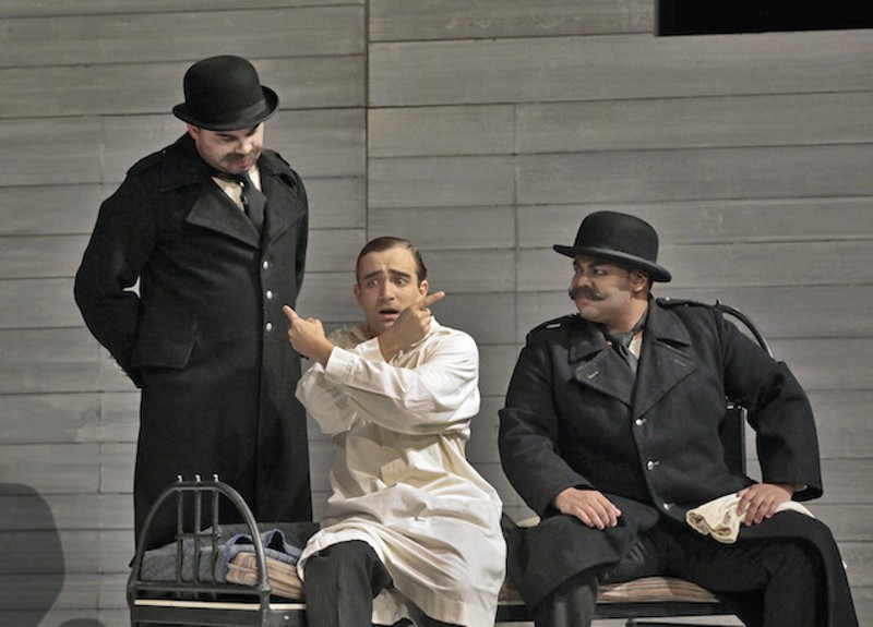 Robert Mellon (left) and Joshua Blue (right), with Theo Hoffman, provide the comic relief as a pair of corrupt guards. - PHOTO (C) KEN HOWARD, 2017