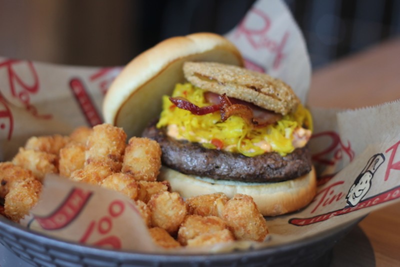 "The Southern" burger comes topped with a fried green tomato, chow-chow, pimento cheese and bacon. - PHOTO BY SARAH FENSKE