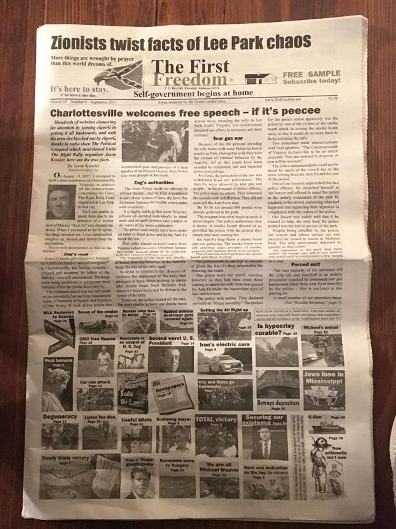 The front page of the publication features an editorial by Jason Kessler, one of the organizers of the "Unite the Right" rally. You can see a larger version of this page here.