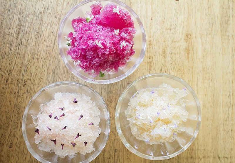 Shaved ice options include citra hips with sake and blue licorice flowers; clary sage with pinot grigio and pincushion flowers; and blackberry, huckleberry and sage with cream sherry and basil flowers. - MABEL SUEN