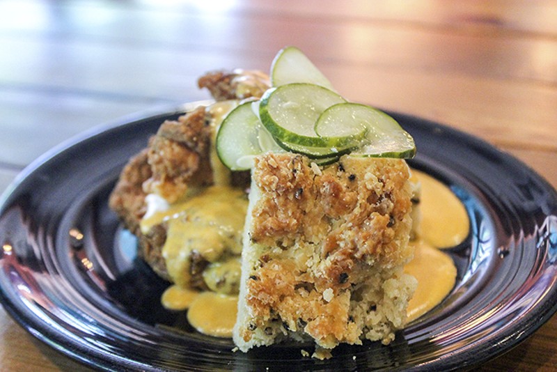 Fried chicken 'n' biscuit: black pepper biscuit, hot sauce buttermilk and pickle chips - Melissa Buelt