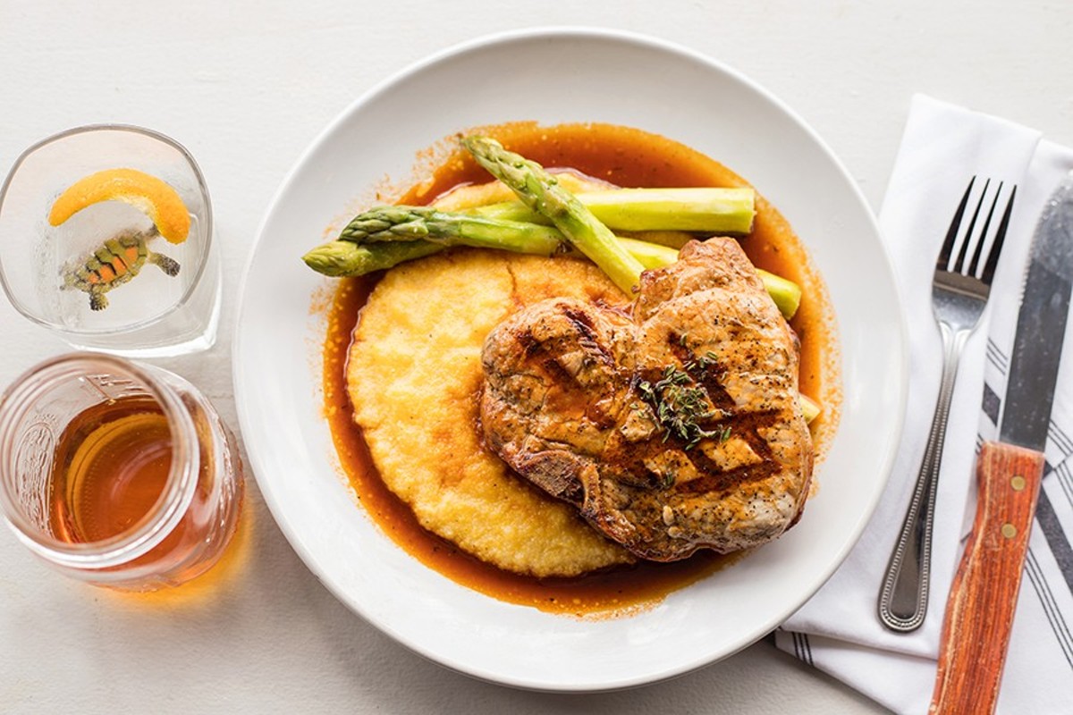 Pair Stone Turtle's pork chop with a "Smoked Old Fashioned," left.