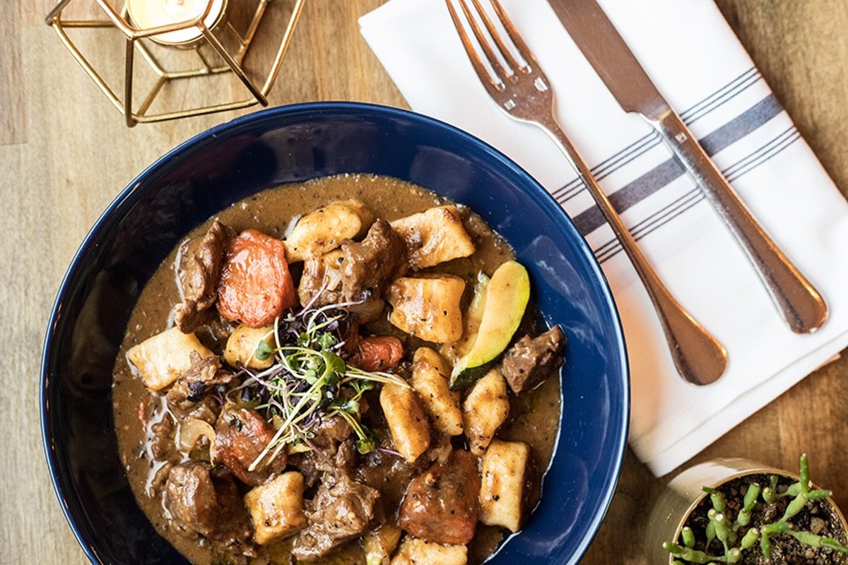 Beef is braised in red wine and served with brown-butter gnocchi, squash, carrots and sage.