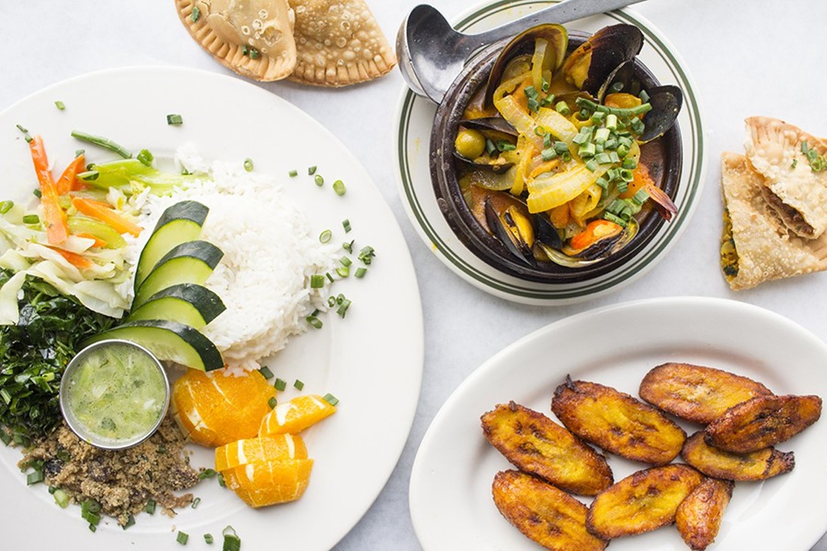 The caldeirada do mar, top, with vegetables and rice (left) and plantains.