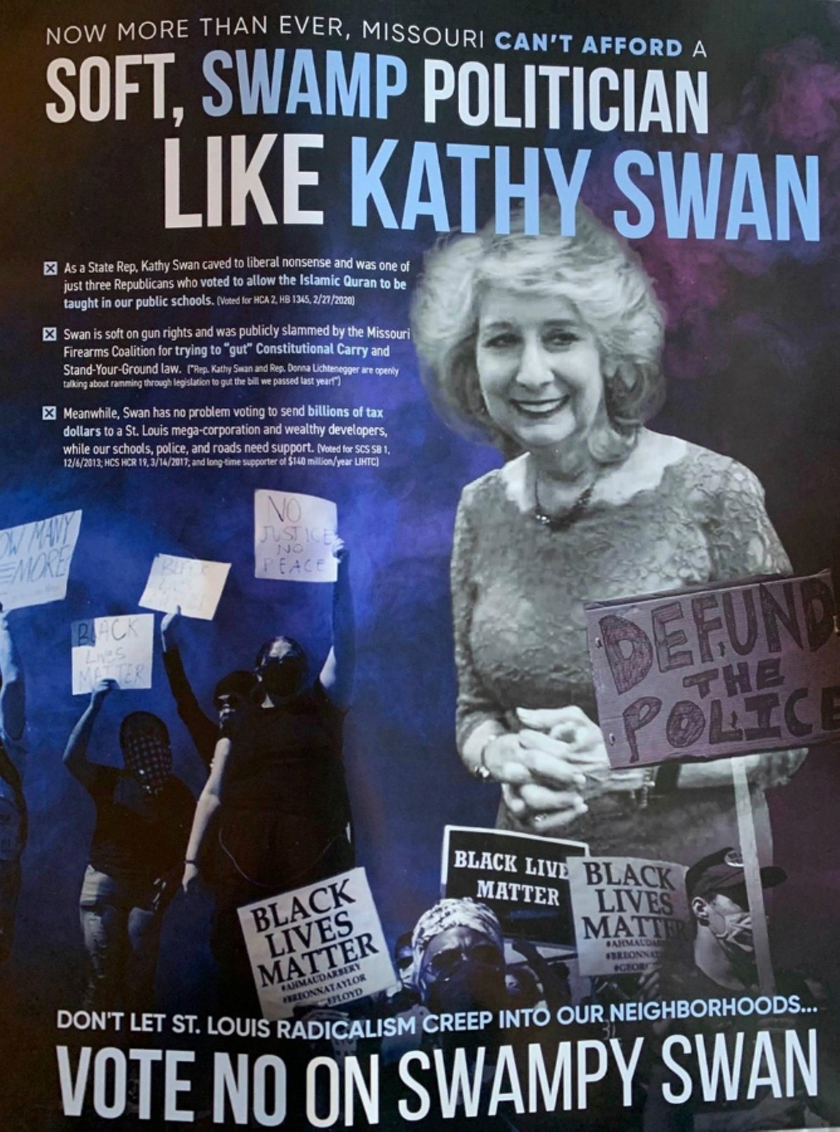 A campaign flyer targeting "St. Louis radicalism" has a curious source of funding.