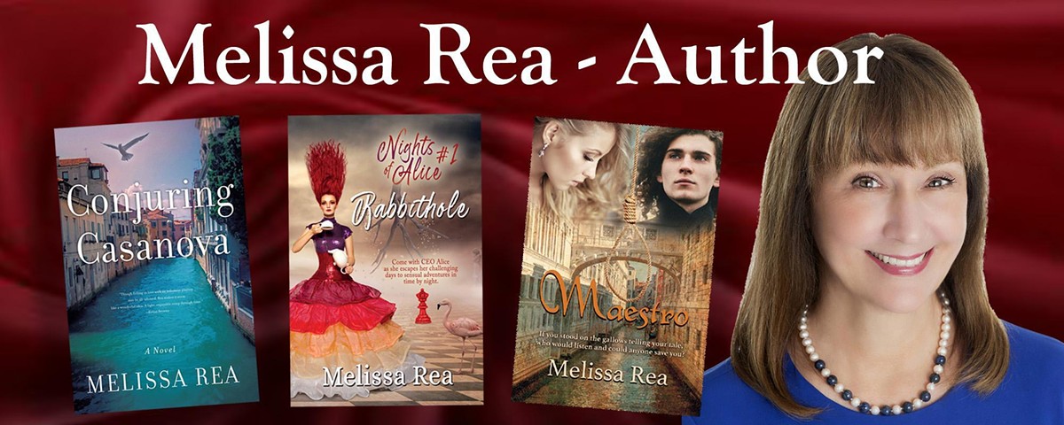 A headshot of Melissa Rea Smiling next to three of her books: "Conjuring Casanova", "Rabbithole", and "Maestro"