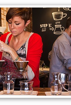 &nbsp;&nbsp;&nbsp;&nbsp;&nbsp;&nbsp;&nbsp;Co-owner Jessie Mueller prepares coffee with a kalita wave dripper. | Mabel Suen