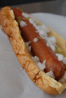 A quarter-pound, all-beef hot dog from Dirty Dogz. | Cheryl Baehr