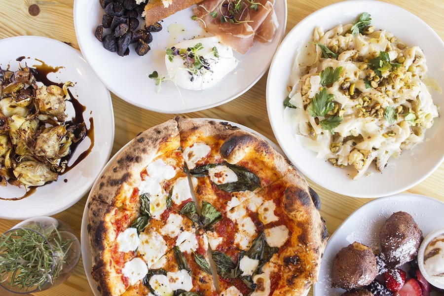 Katie's offers, clockwise from top, several wonderful treatments of burrata, lemon strozzapreti pasta, pizza and fried artichokes.