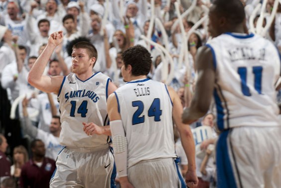 Above: Billikens Brian Conklin and Cody Ellis celebrate during SLU&rsquo;s game against Xavier at Chaifetz Arena.