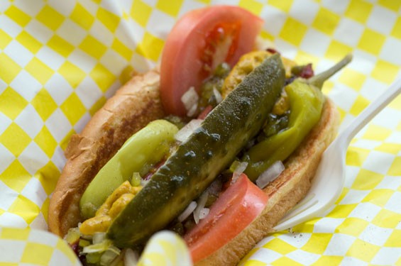 The "Chicago" dog is a Nathan's hot dog dressed with onions, relish, mustard, peppers, a pickle spear, tomatoes and celery salt. Slideshow: Inside Chubbies in the Delmar Loop