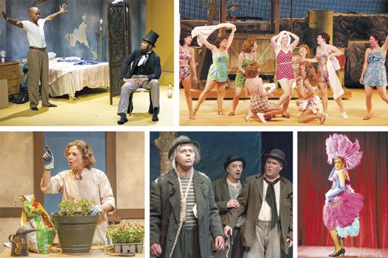 Clockwise from left: Chauncy Thomas and Reginald Pierre in Top Dog/Underdog; Laura Michelle Kelly in South Pacific; Antonio Rodriguez in Caf&eacute; Chanson; Terry Meddows and Gary Wayne Barker in Waiting for Godot; Elizabeth Ann Townsend in Talking Heads.