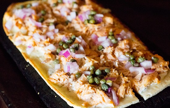 "Hot Smoked Salmon Flatbread" with dill cr&egrave;me fra&icirc;che. | Photos by Mabel Suen