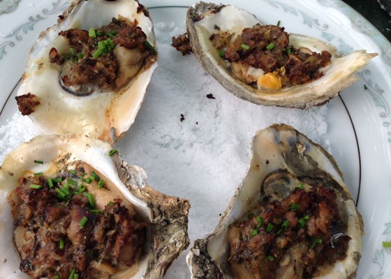 Stuffed oysters with leeks, mushrooms, shallots, Virginia ham and herbed parmagiano-reggiano. | Nancy Stiles