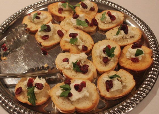 Smoked goat cheese crostini with dried cherries, shallots, garlic, thyme and rosemary. | Nancy Stiles