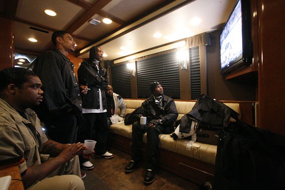 Wish Bone, Layzie Bone, Krazyie Bone, security guard Buck Echols and Flesh-n-bone watch the Cavaliers game in their tour bus before the show. Bizzy Bone was not here for this show.  See full slideshow here. - PHOTO: NICK SCHNELLE