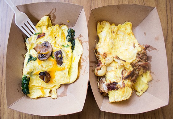Two made-to-order omelets: a mixed veggie and the "Giggity."