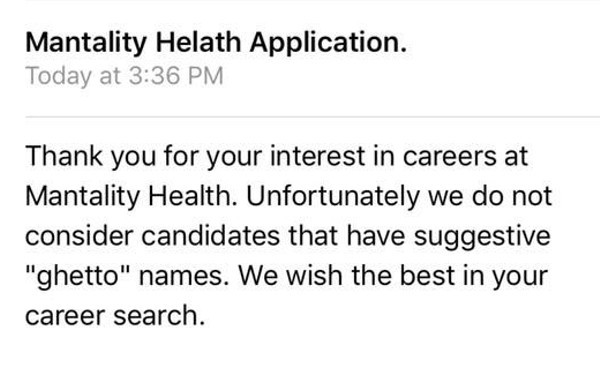 A rejection message sent to twenty black job applicants to Mantality Health in 2018. - SCREENSHOT VIA FACEBOOK