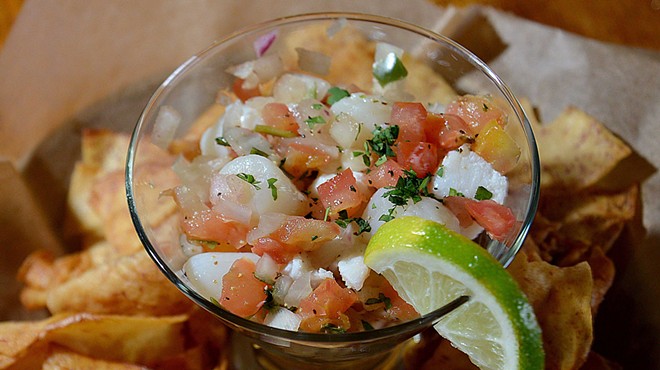 Ceviche, made of conch, shrimp, scallops and whitefish, is served with taro chips.