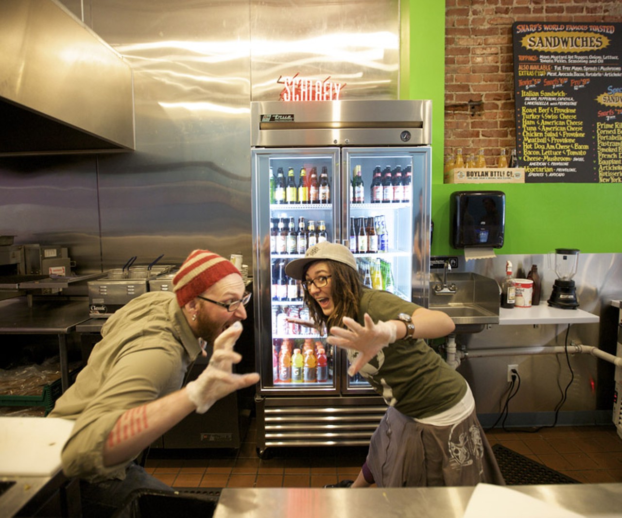Don't let the ninja sandwich makers frighten you! Ninja on left Seth Keil and on right, Courtney Boudreau.