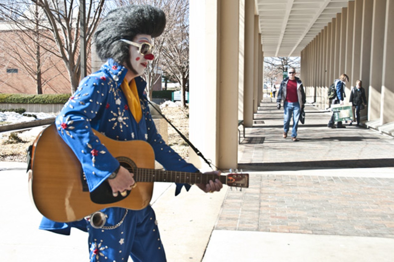 Clownvis' day started in the late morning with a telegram for a staff member at the St. Louis Community College-Meramec bookstore.