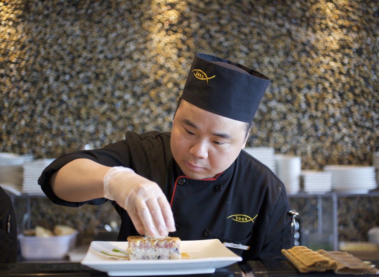 Sushi chef Tim Jiang plating the sushi special item of the day.