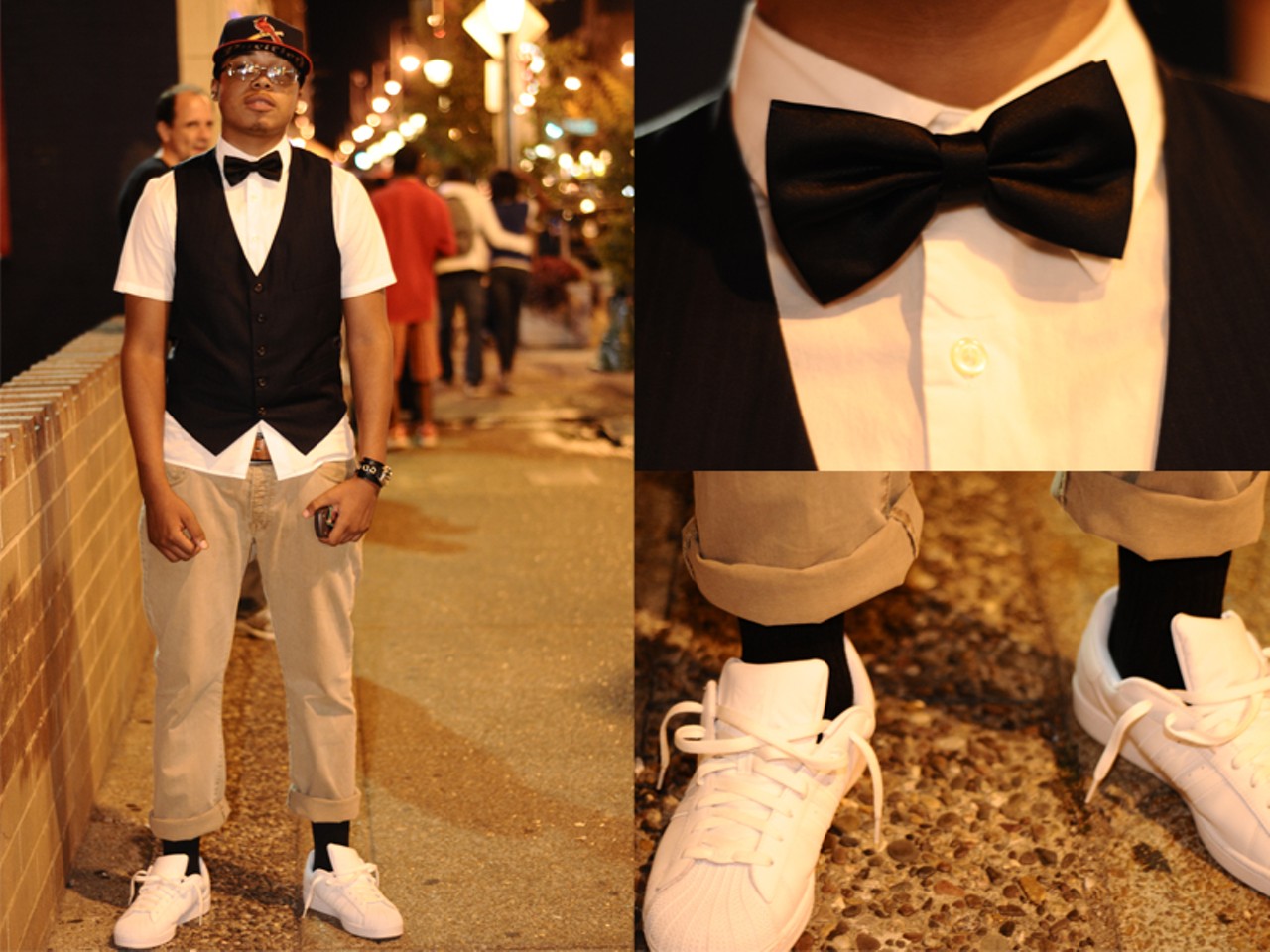 Ronald, 15, St. Louis
"I'm all swagger."
Walking with two friends in simple jeans and T-shirts, Ronald stood out with his bow tie and tuxedo vest. 
How often do you wear bow-ties?
"I put 'em all the time." For a man who is trying to be different on the street, Ronald's bow ties probably do the trick.
Black-and-white up top and black-and-white down below? Planned?
"No. Piecing stuff together and what you think looks nice... Make sure it's different from everybody else." Although there was seemingly no direct plan to balance out his basic color boldness, the bookend feel does work. 
Your look for fall?
"Casual and urban" Pulling inspiration from Kayne West and designers around St. Louis, Ronald says he has made a name for himself for his individual style. Now you can attribute the forthcoming bow-tie craze.