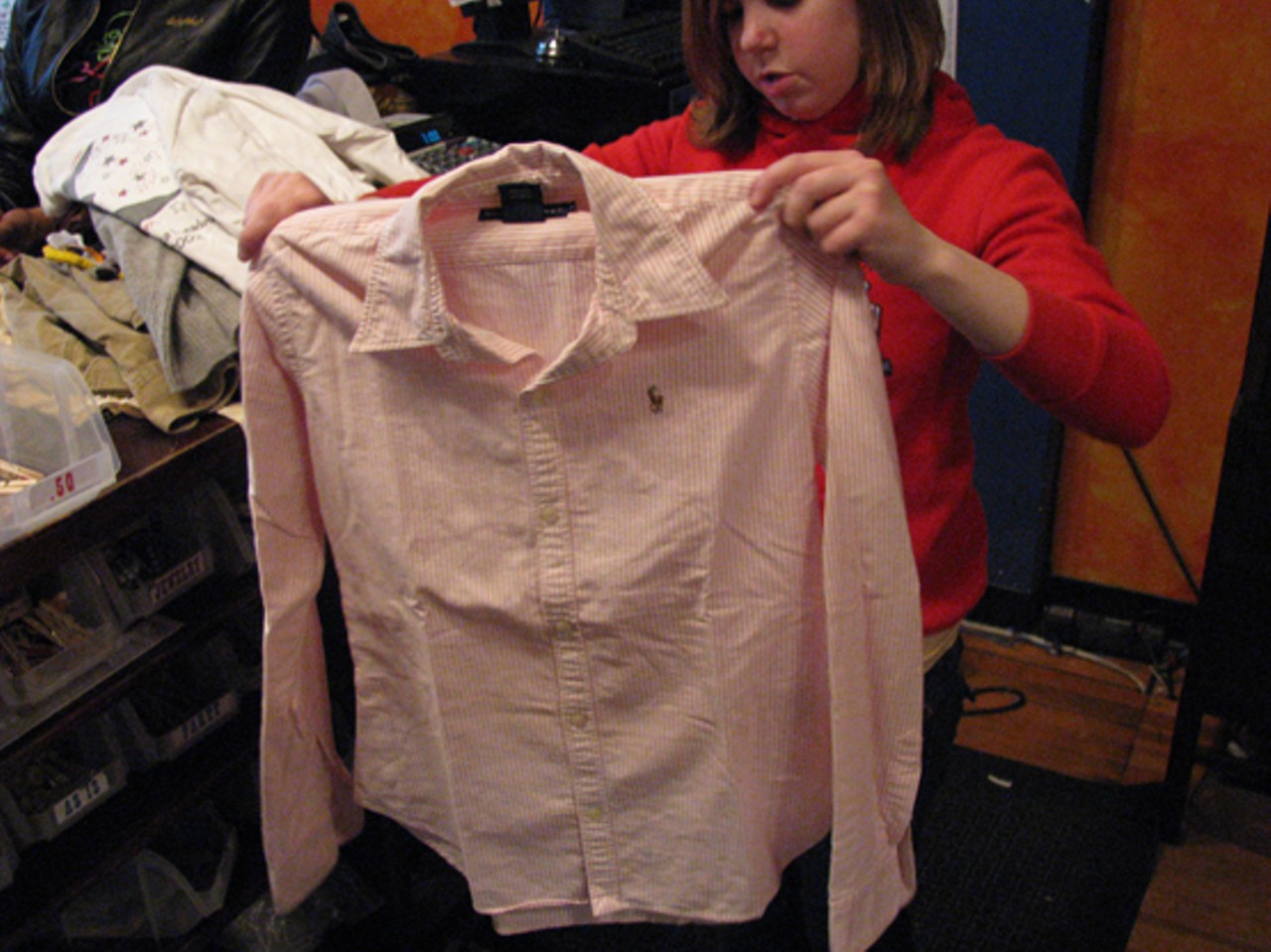 Pink shirt is just too loose and worn.