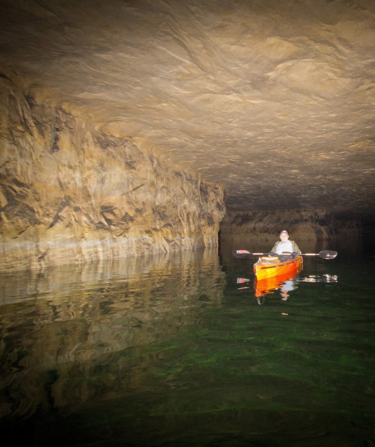 Don Marsan conducts kayak tours of the 150-acre underground lake that is part of the Crystal City Underground complex.