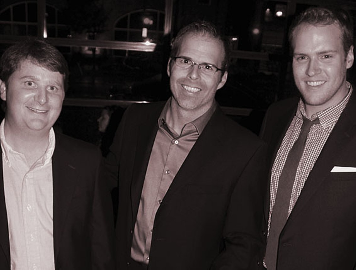 Matt Mathison (center) at the party celebrating the launch of the now-defunct Avid flanked by editor Dan Michel (right) and investor Richard Riney.