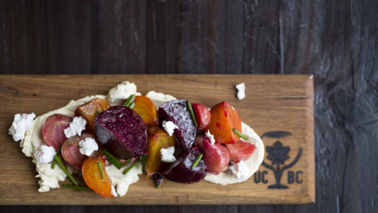 A special of roasted beets on marcona almond puree with goat cheese.