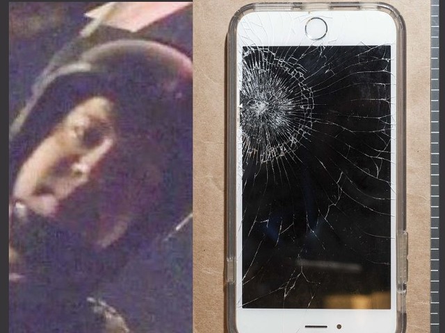 (Left) The face of a St. Louis officer in riot gear, identified by prosecutors as Christopher Myers, in a video shot by Luther Hall. (Right) Luther Hall's smashed phone.