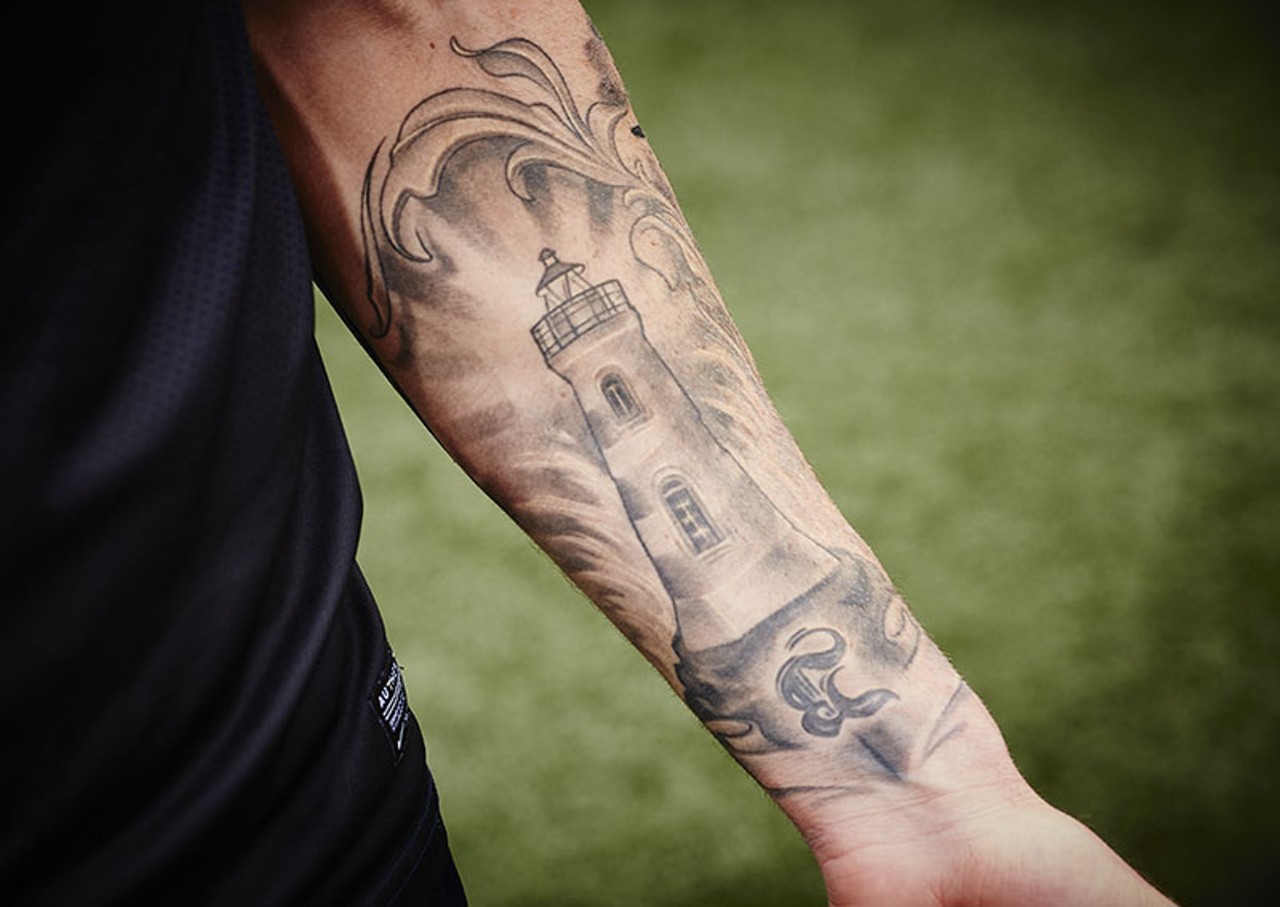 Brian Gaul's lighthouse tattoo, in honor of his father.