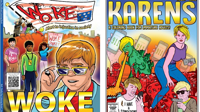 Two covers of coloring books. The one on the left is titled Woke and the other is Karens.