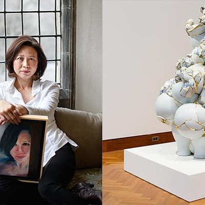 Anne Anlin Cheng with self-portrait; Yeesookyung (South Korean, b. 1963), TVW1 from the series Translated Vase, 2015. Ceramic shards, epoxy, and gold leaf, 65 × 43 × 43". Princeton University Art Museum, Museum purchase, Mary Trumbull Adams Art Fund.